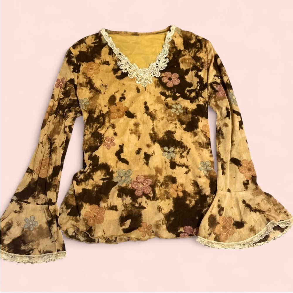 Women's Mustard Floral Blouse Top with Lace Trim